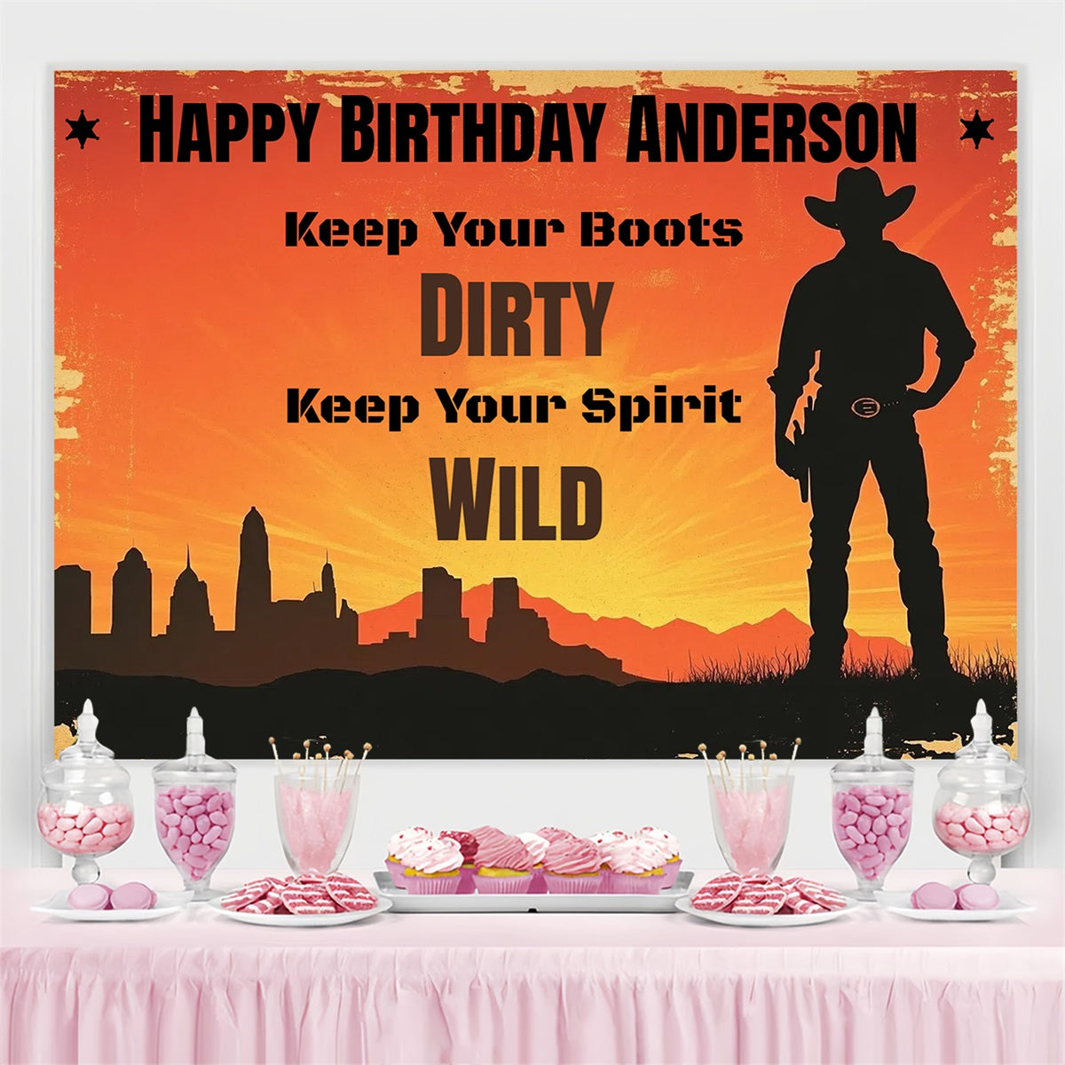 Custom Birthday Backdrops City Silhouette Western Cowboy Backdrop CSH4-31