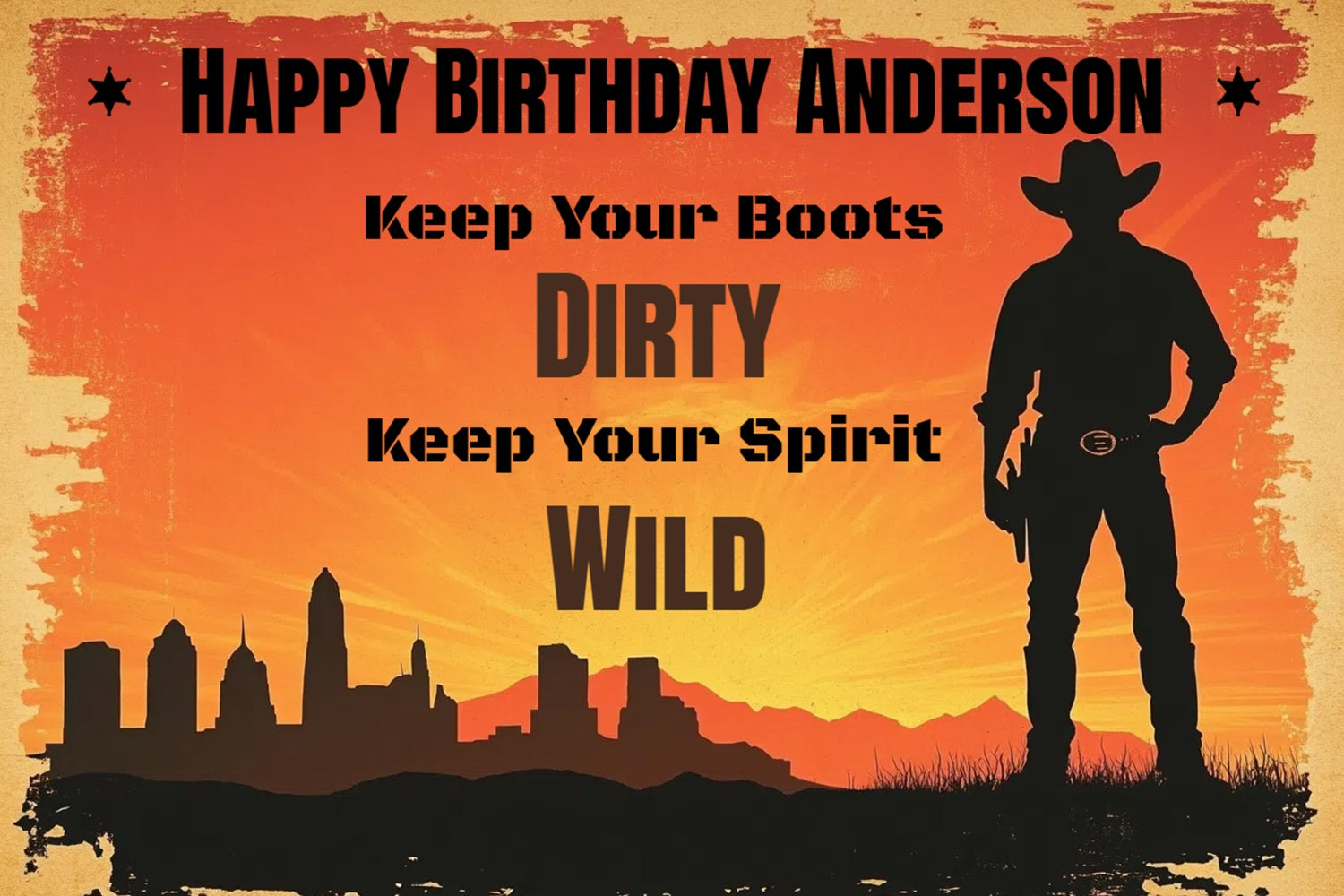 Custom Birthday Backdrops City Silhouette Western Cowboy Backdrop CSH4-31