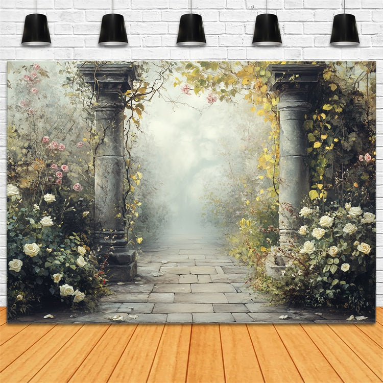 Vintage Backdrop For Photoshoot Stone Pathway Flowers Backdrop CSH4-311