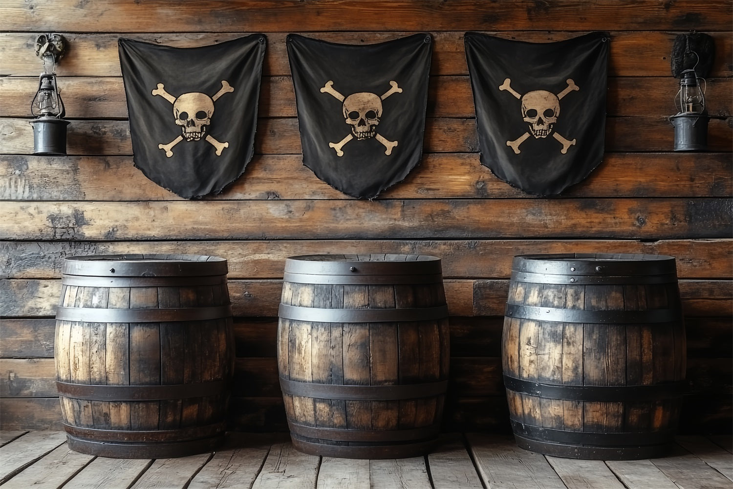 Backdrop Vintage Pirate Tavern Barrels Flags Backdrop CSH4-313