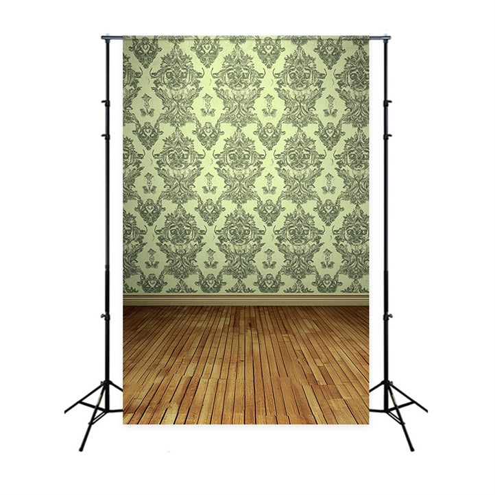 Victorian Backdrop Green Damask Wooden Floor Vintage Backdrop CSH4-319