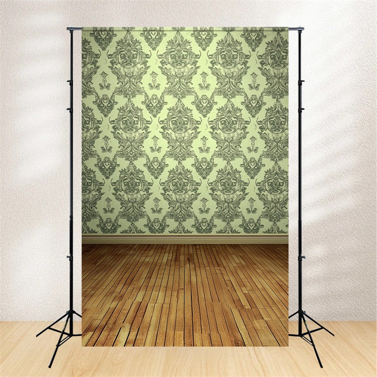 Victorian Backdrop Green Damask Wooden Floor Vintage Backdrop CSH4-319