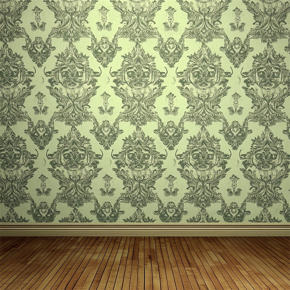 Victorian Backdrop Green Damask Wooden Floor Vintage Backdrop CSH4-319