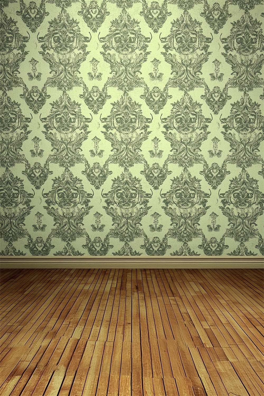 Victorian Backdrop Green Damask Wooden Floor Vintage Backdrop CSH4-319