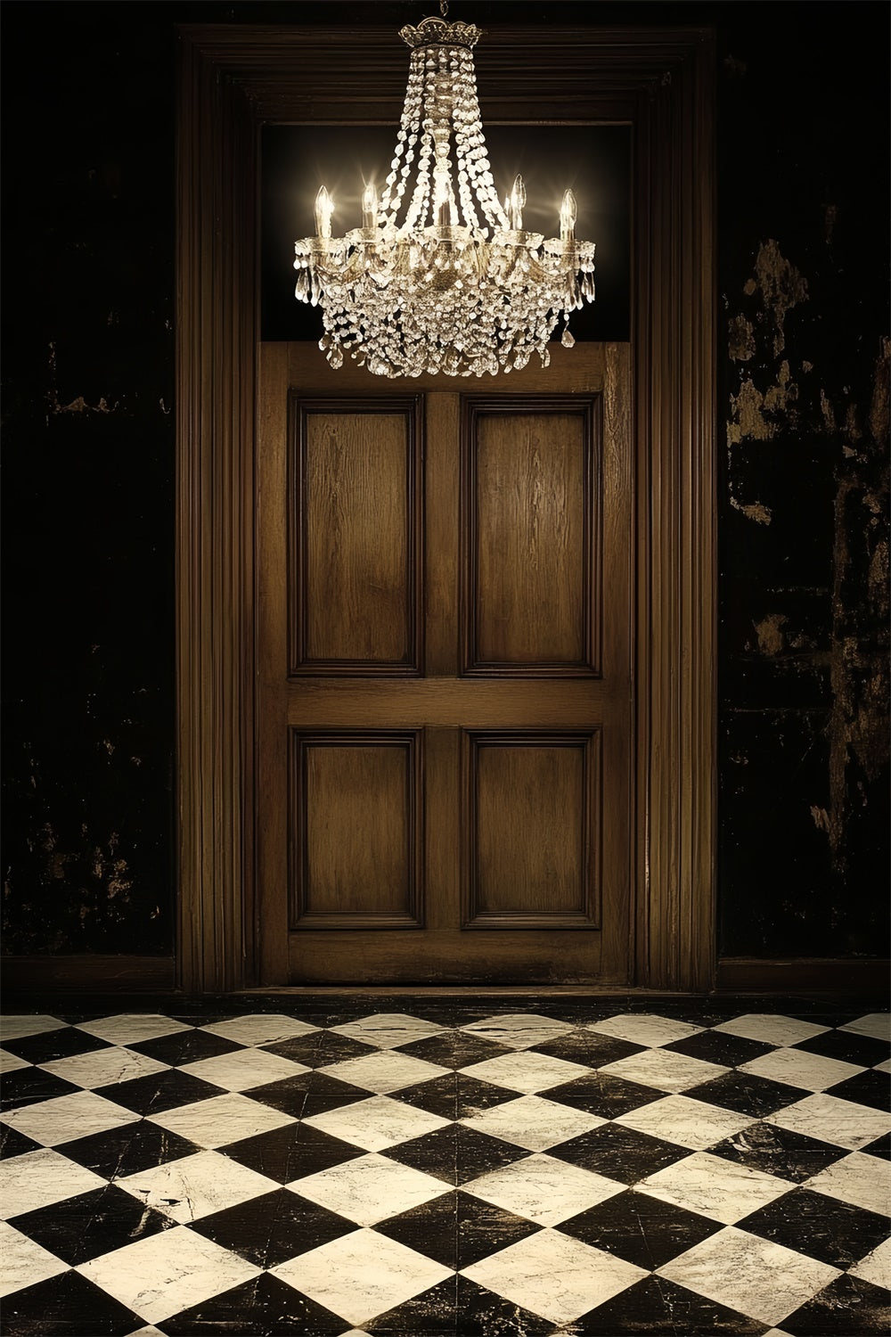 Retro Photo Backdrop Chandelier Wooden Door Vintage Backdrop CSH4-393