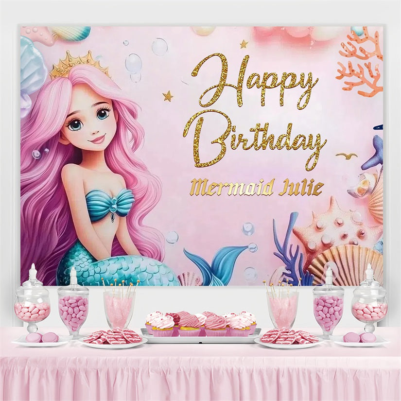 Customized Backdrop For Birthday Crown Mermaid Girl Backdrop CSH4-4