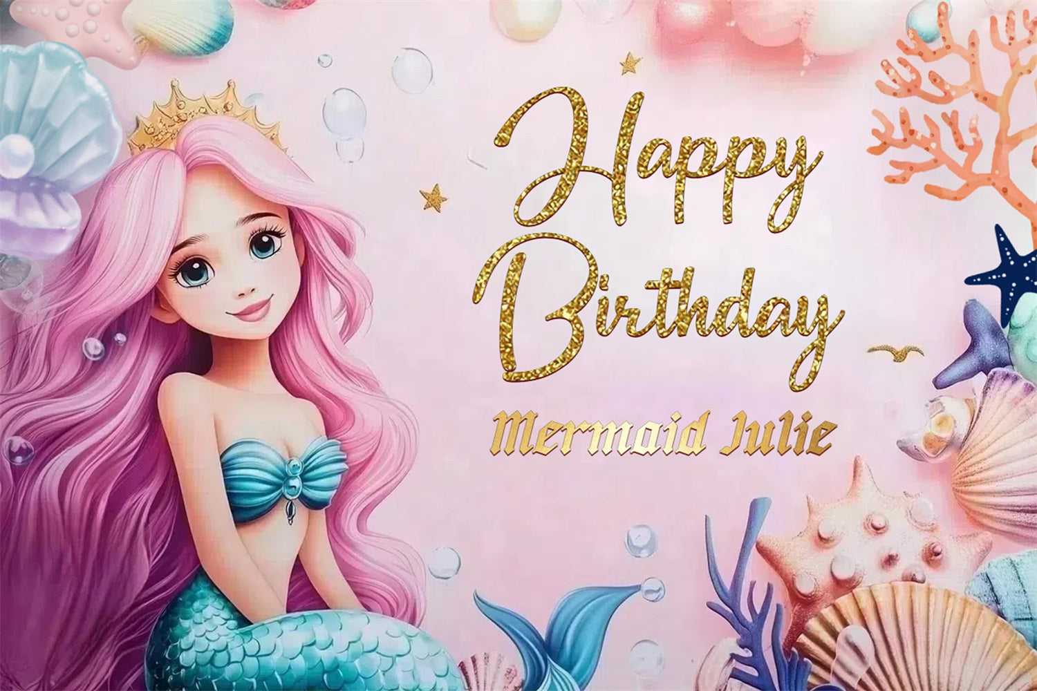 Customized Backdrop For Birthday Crown Mermaid Girl Backdrop CSH4-4
