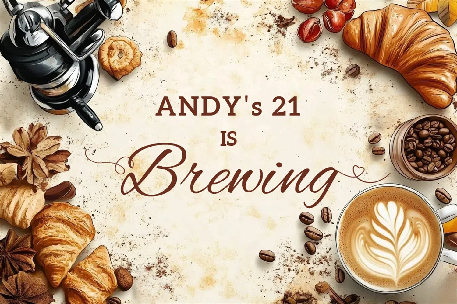 Personalized 21st Birthday Backdrop Croissant Coffee Scene Backdrop CSH4-45
