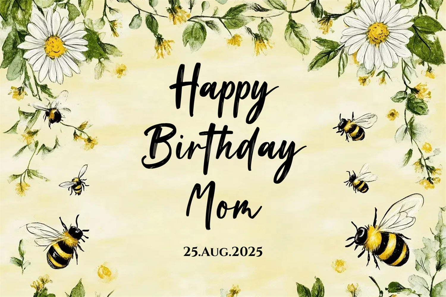 Personalized Birthday Backdrops Yellow Daisy Bee Floral Backdrop CSH4-49