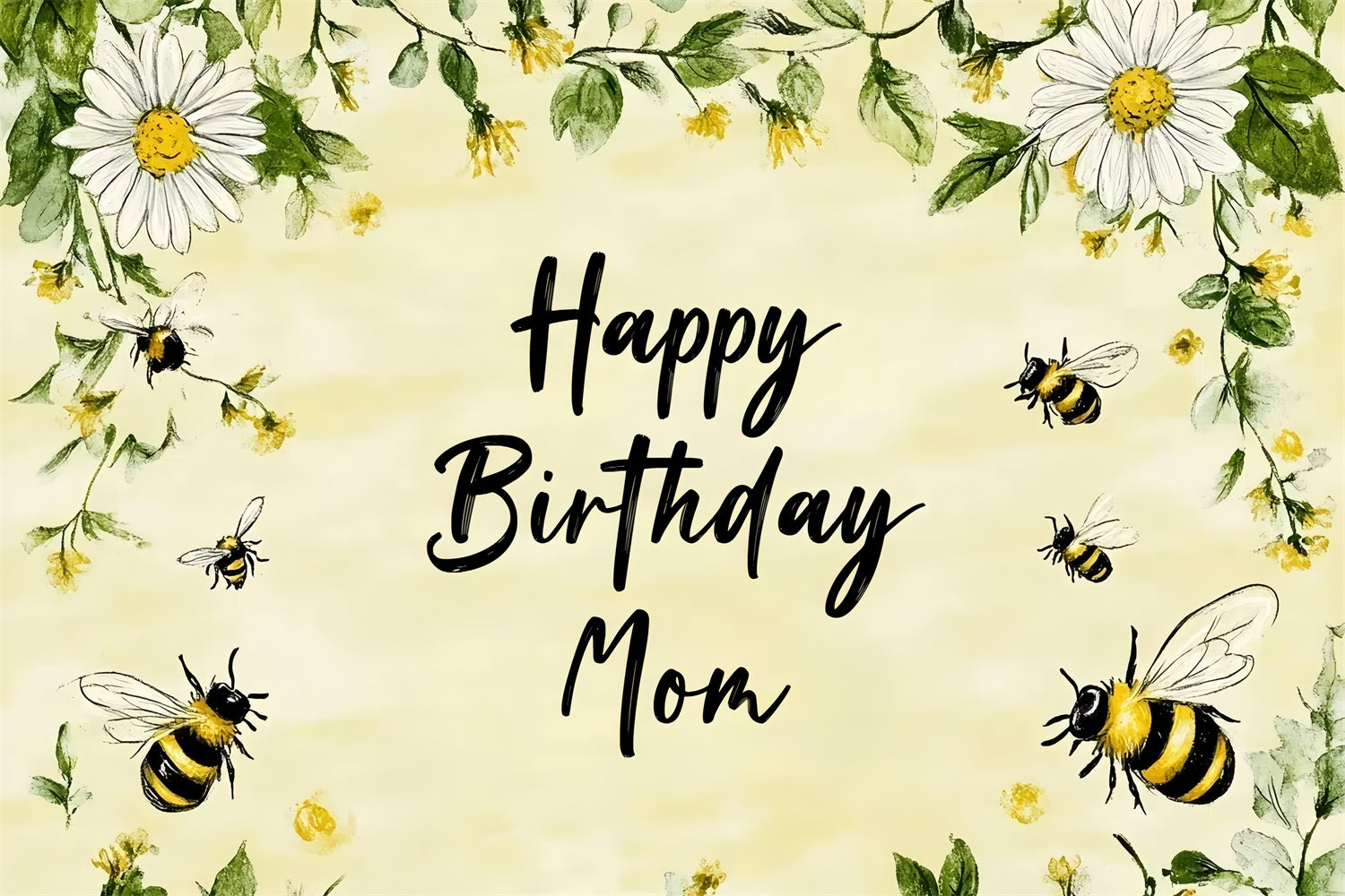 Personalized Birthday Backdrops Yellow Daisy Bee Floral Backdrop CSH4-49
