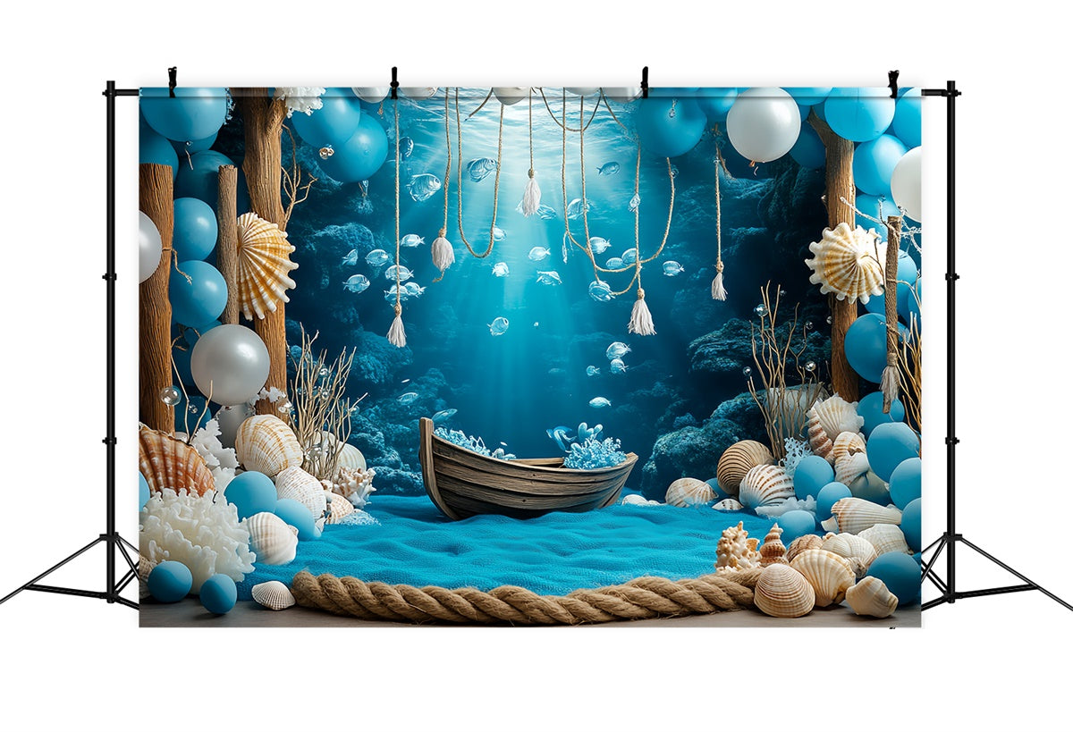 Underwater Backdrop Blue Coral Wooden Boat Summer Backdrop CSH5-105
