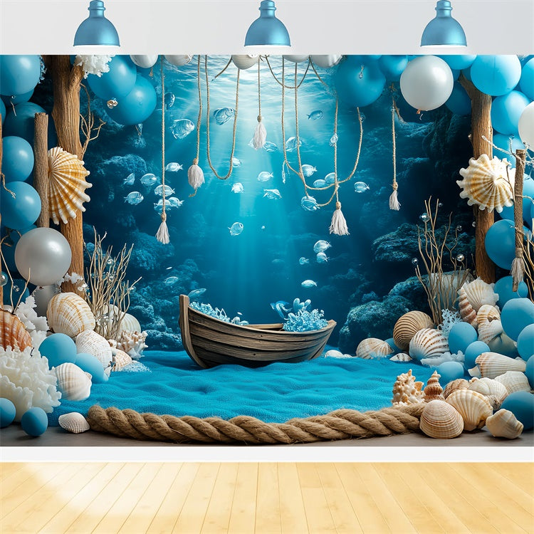 Underwater Backdrop Blue Coral Wooden Boat Summer Backdrop CSH5-105
