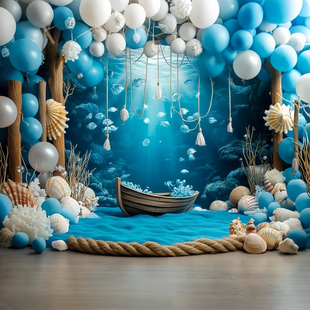 Underwater Backdrop Blue Coral Wooden Boat Summer Backdrop CSH5-105