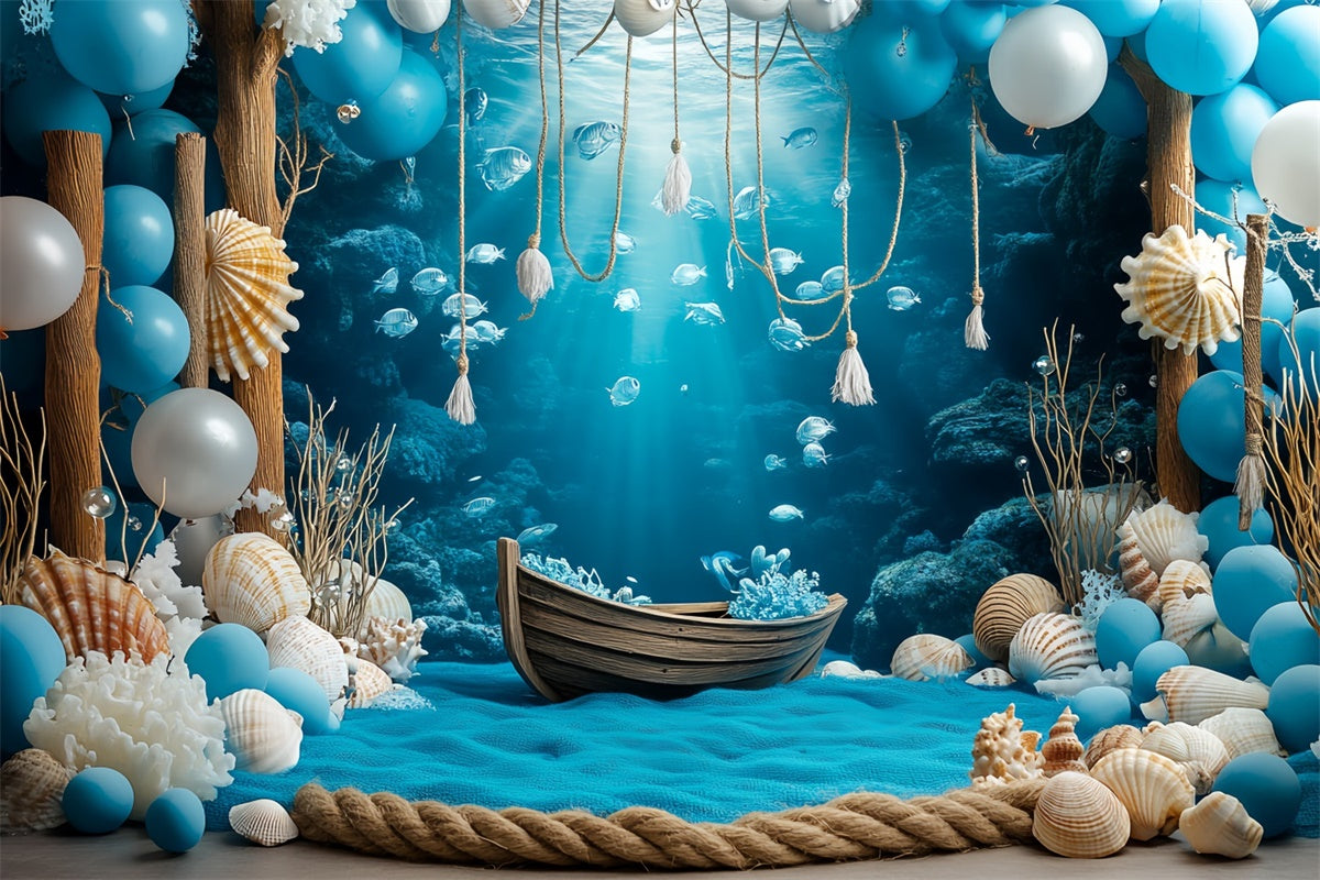 Underwater Backdrop Blue Coral Wooden Boat Summer Backdrop CSH5-105
