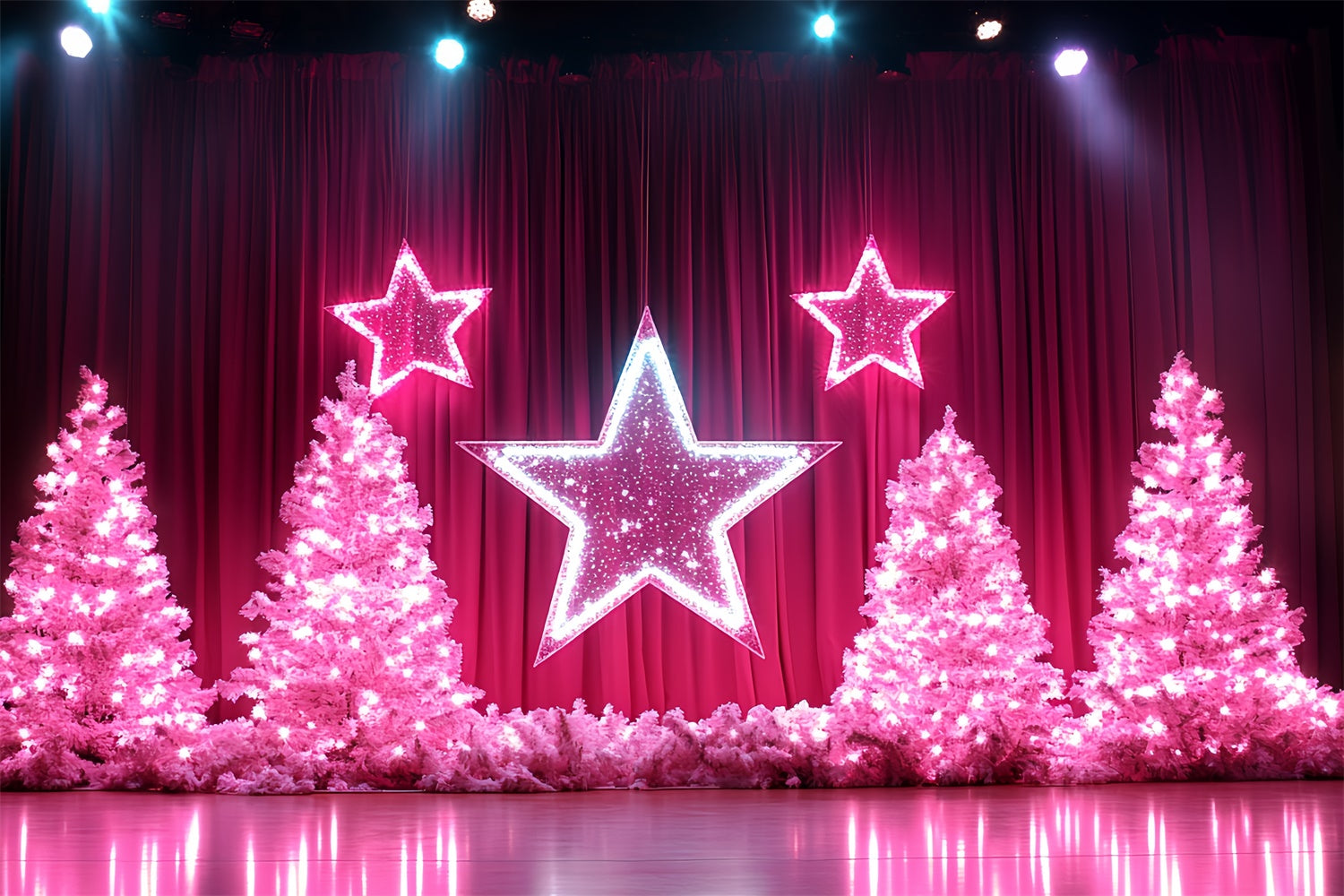 Christmas Stage Backdrops Sparkling Pink Trees Star Backdrop CSH5-146