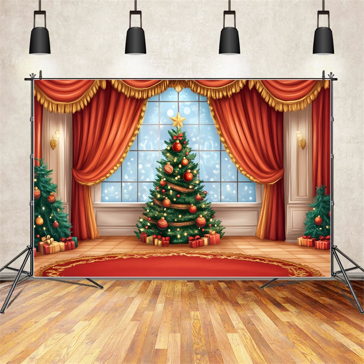 Christmas Stage Backdrops Holiday Window Red Curtain Backdrop CSH5-154