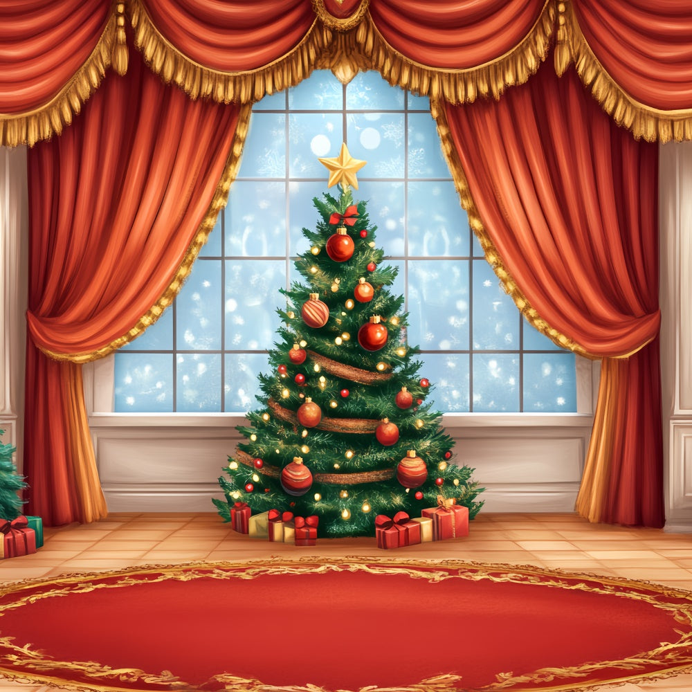 Christmas Stage Backdrops Holiday Window Red Curtain Backdrop CSH5-154