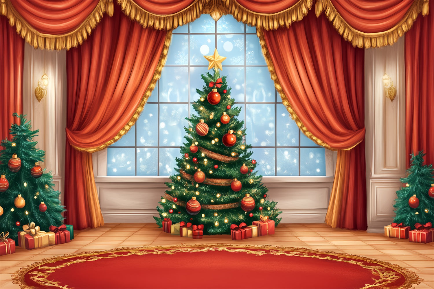 Christmas Stage Backdrops Holiday Window Red Curtain Backdrop CSH5-154