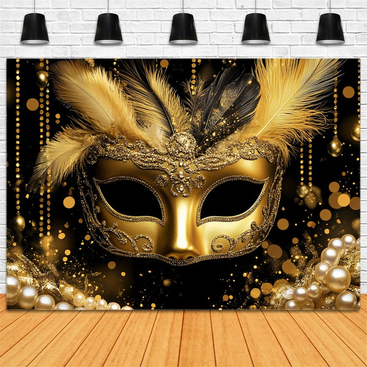 Masquerade Backdrop Design Shiny Gold Feather Mask Backdrop CSH5-212