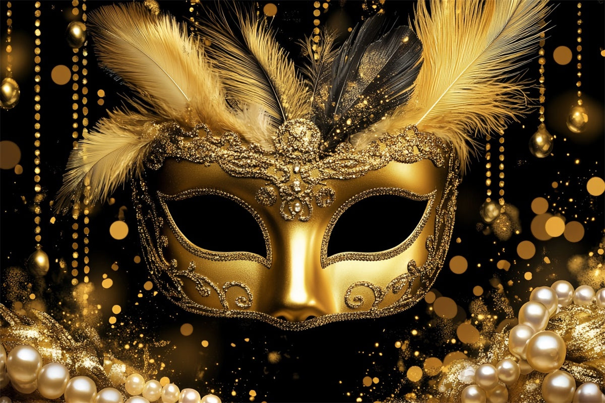 Masquerade Backdrop Design Shiny Gold Feather Mask Backdrop CSH5-212
