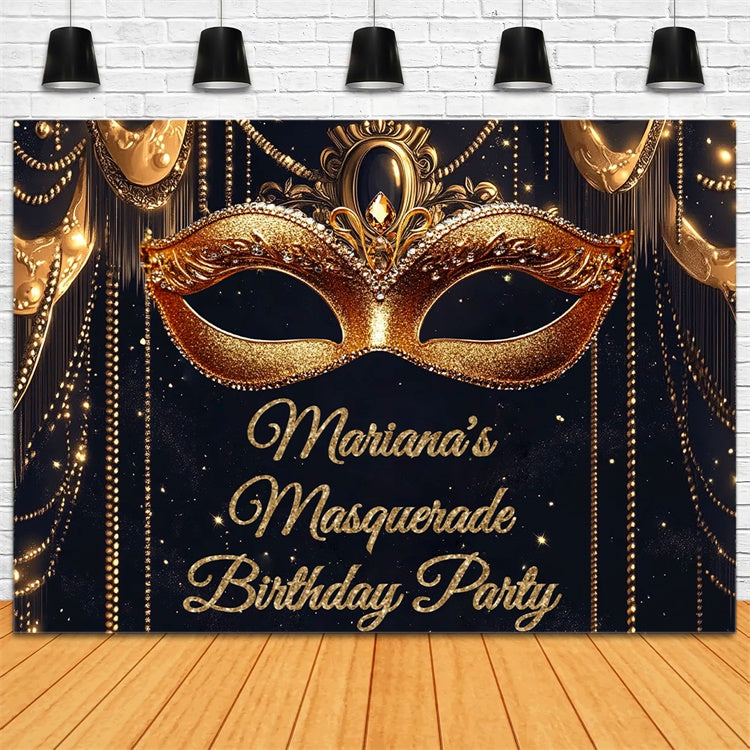 Masquerade Party Backdrop Gold Sparkling Mask Custom Birthday Backdrop CSH5-255