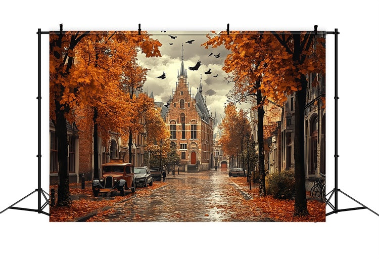 Autumn Leaves Backdrop Rainy Gothic Autumn Road Backdrop CSH57-189