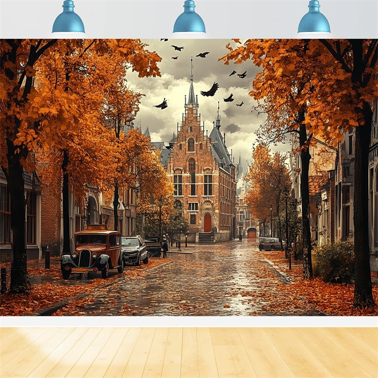Autumn Leaves Backdrop Rainy Gothic Autumn Road Backdrop CSH57-189