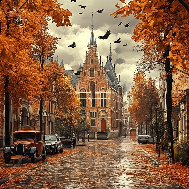 Autumn Leaves Backdrop Rainy Gothic Autumn Road Backdrop CSH57-189