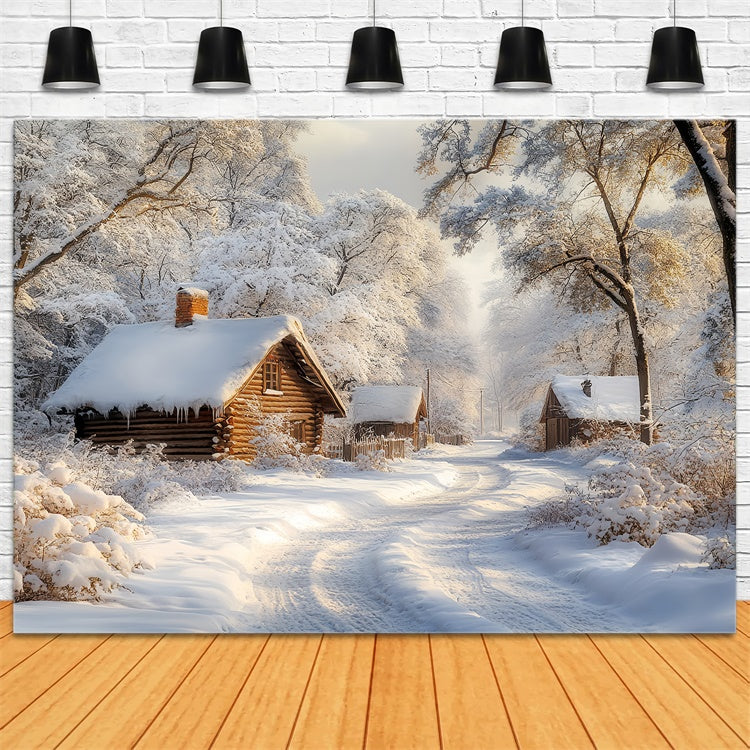Winter Snow Backdrop Snowy Log Cabin Trail Backdrop CSH57-238
