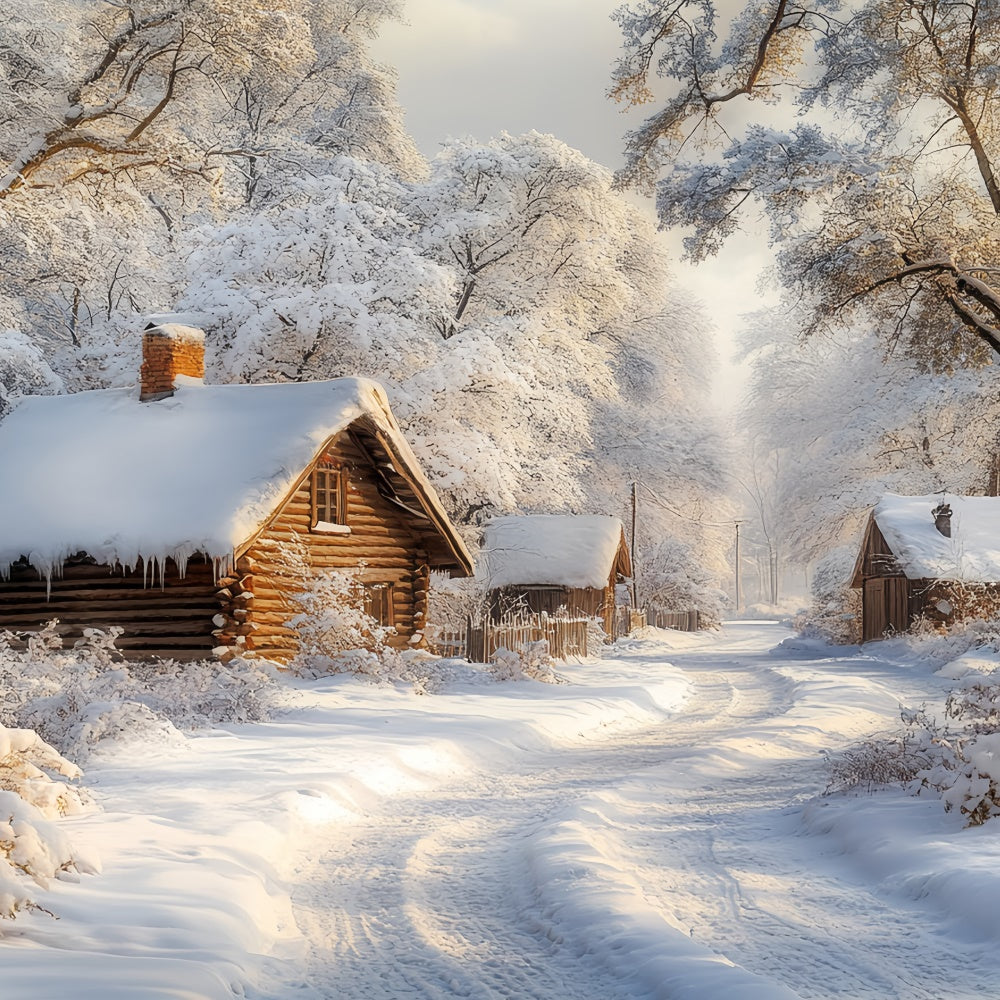 Winter Snow Backdrop Snowy Log Cabin Trail Backdrop CSH57-238