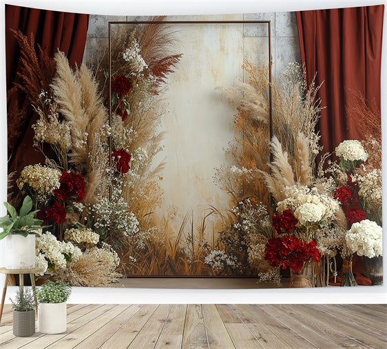 Boho Backdrop Rustic Red Curtain Floral Backdrop CSH57-298