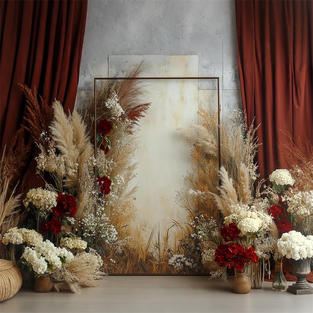 Boho Backdrop Rustic Red Curtain Floral Backdrop CSH57-298