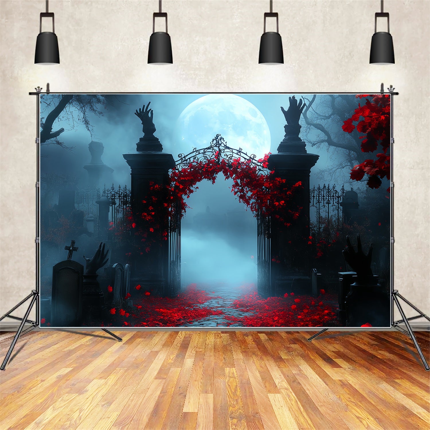 Graveyard Backdrop Crimson Ivy Moonlit Gate Halloween Photo Booth Backdrop CSH58-101