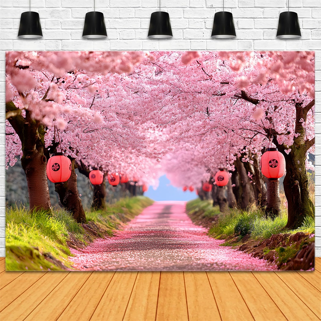 Cherry Blossom Backdrop Sakura Pathway Lantern Rows Spring Flower Backdrop CSH58-106
