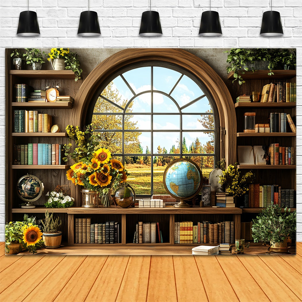 Bookshelf Backdrop Sunflower Library Autumn Window School Picture Backdrop CSH58-117