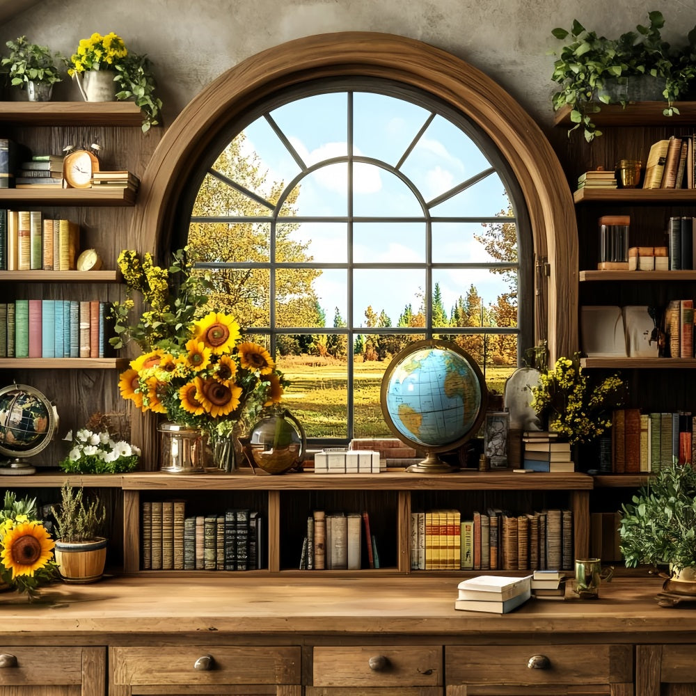 Bookshelf Backdrop Sunflower Library Autumn Window School Picture Backdrop CSH58-117