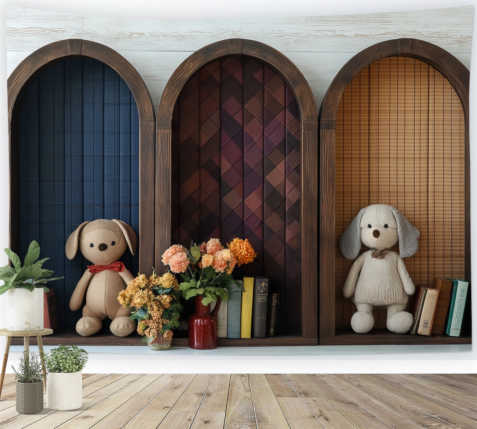 Bookshelf Backdrop Arched Shelf Plush Toys Books Back to School Backdrop CSH58-121