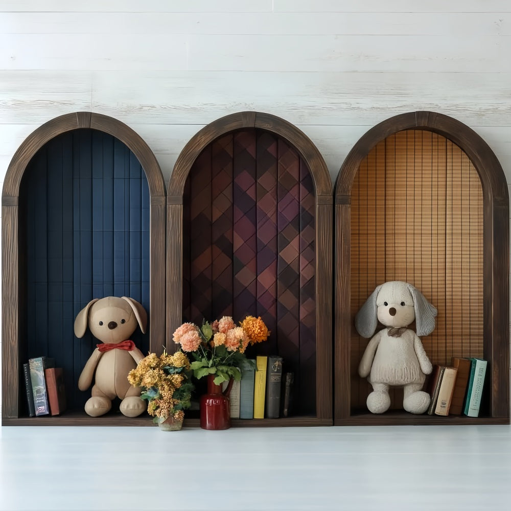 Bookshelf Backdrop Arched Shelf Plush Toys Books Back to School Backdrop CSH58-121