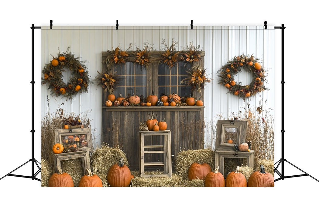 Thanksgiving Backdrop Pumpkin Wreath Rustic Barn Backdrop For Thanksgiving CSH58-122