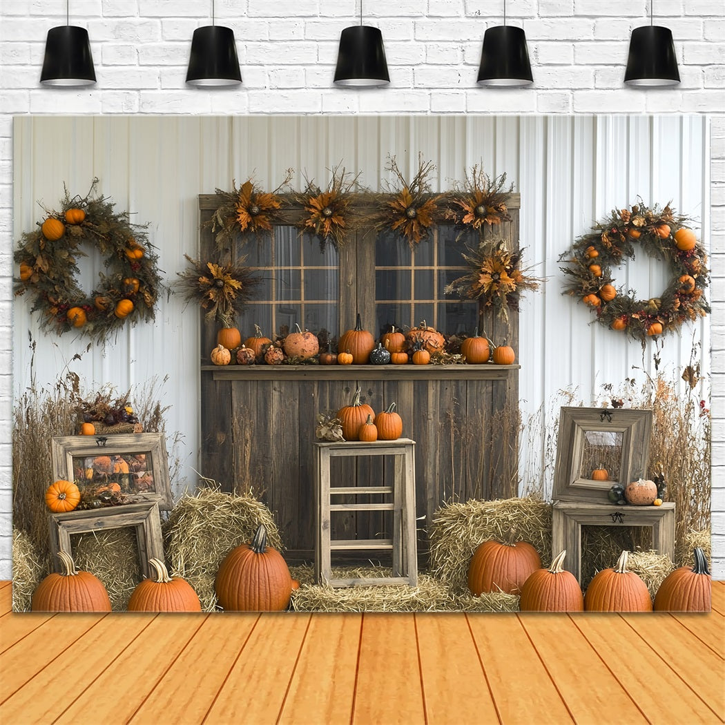 Thanksgiving Backdrop Pumpkin Wreath Rustic Barn Backdrop For Thanksgiving CSH58-122