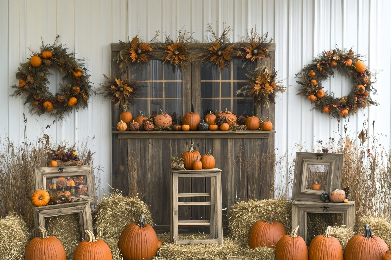 Thanksgiving Backdrop Pumpkin Wreath Rustic Barn Backdrop For Thanksgiving CSH58-122
