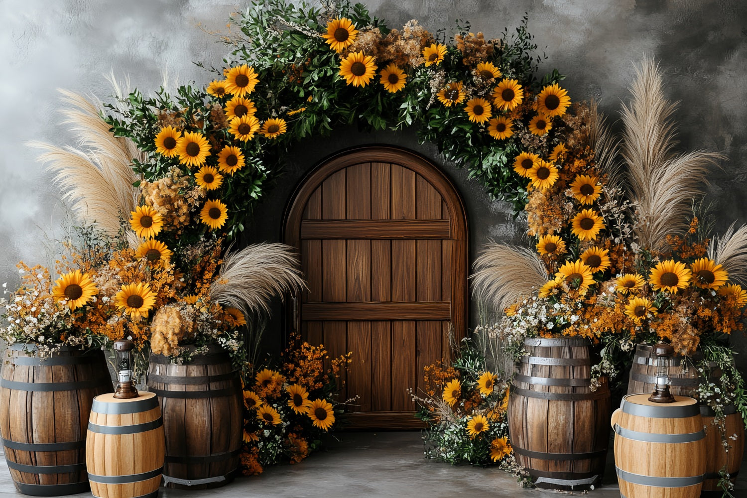 Sunflower Backdrop Wood Door Barrel Rustic Arch Thanksgiving Backdrop Ideas CSH58-127