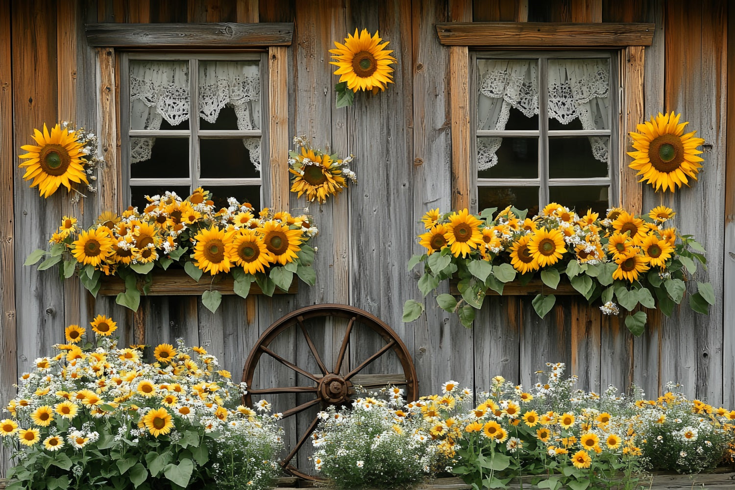 Sunflower Backdrop Rustic Cottage Window Bloom Thanksgiving Backdrop CSH58-128