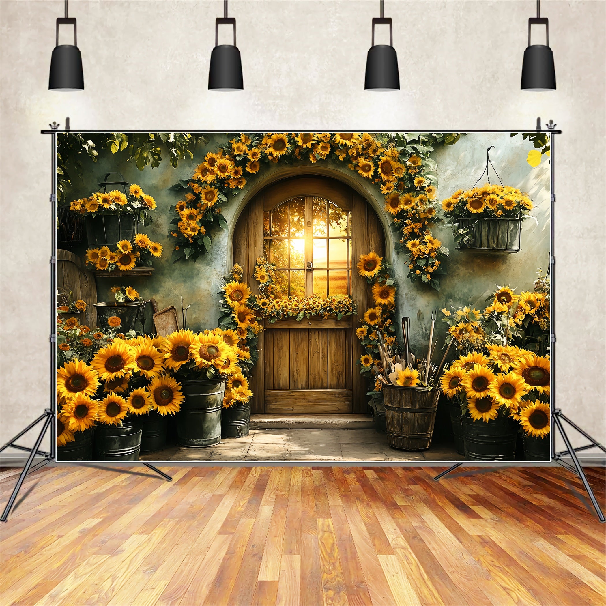 Sunflower Backdrop Garden Wood Door Sunset Backdrop For Thanksgiving CSH58-129