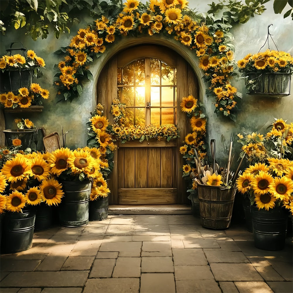 Sunflower Backdrop Garden Wood Door Sunset Backdrop For Thanksgiving CSH58-129