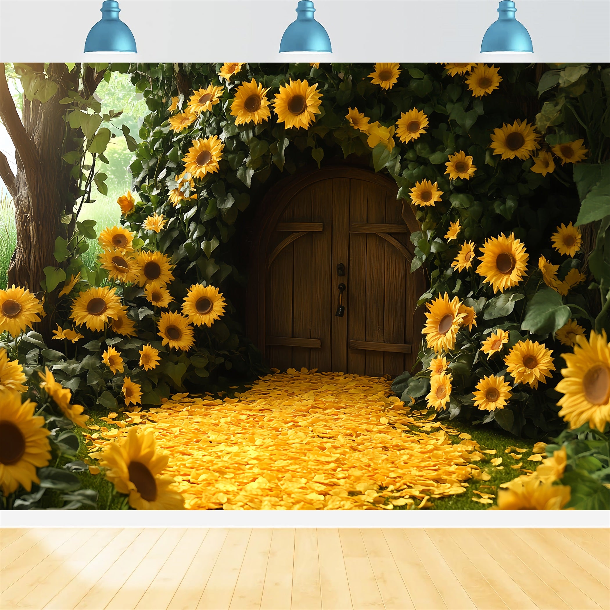 Sunflower Backdrop Cabin Doorway Petal Path Happy Thanksgiving Backdrop CSH58-130
