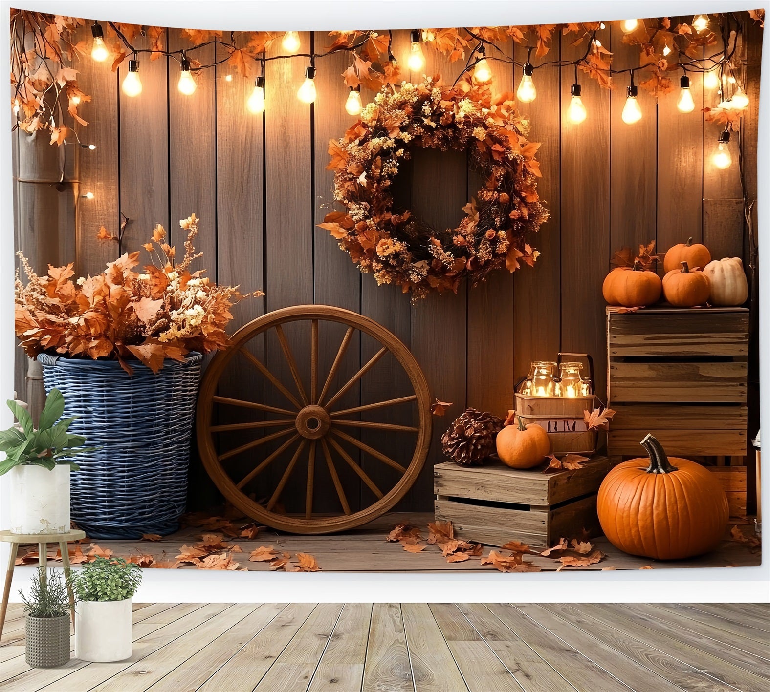 Rustic Backdrop Autumn Wreath Pumpkin Lanterns Thanksgiving Backdrop CSH58-138