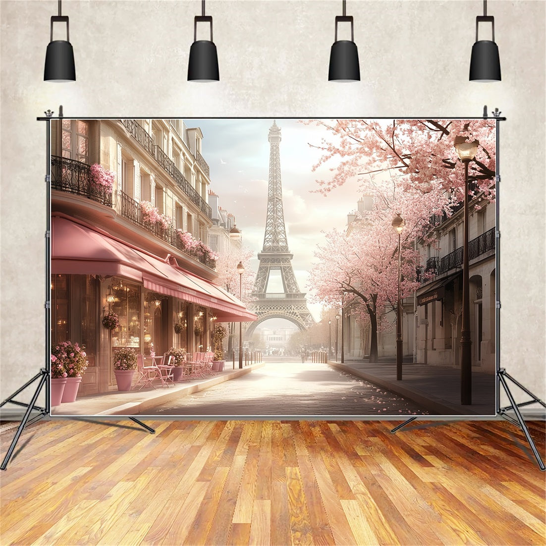 Eiffel Tower Backdrop Romantic Spring Pink Blossom Street Paris Cafe Photo Backdrop CSH58-14