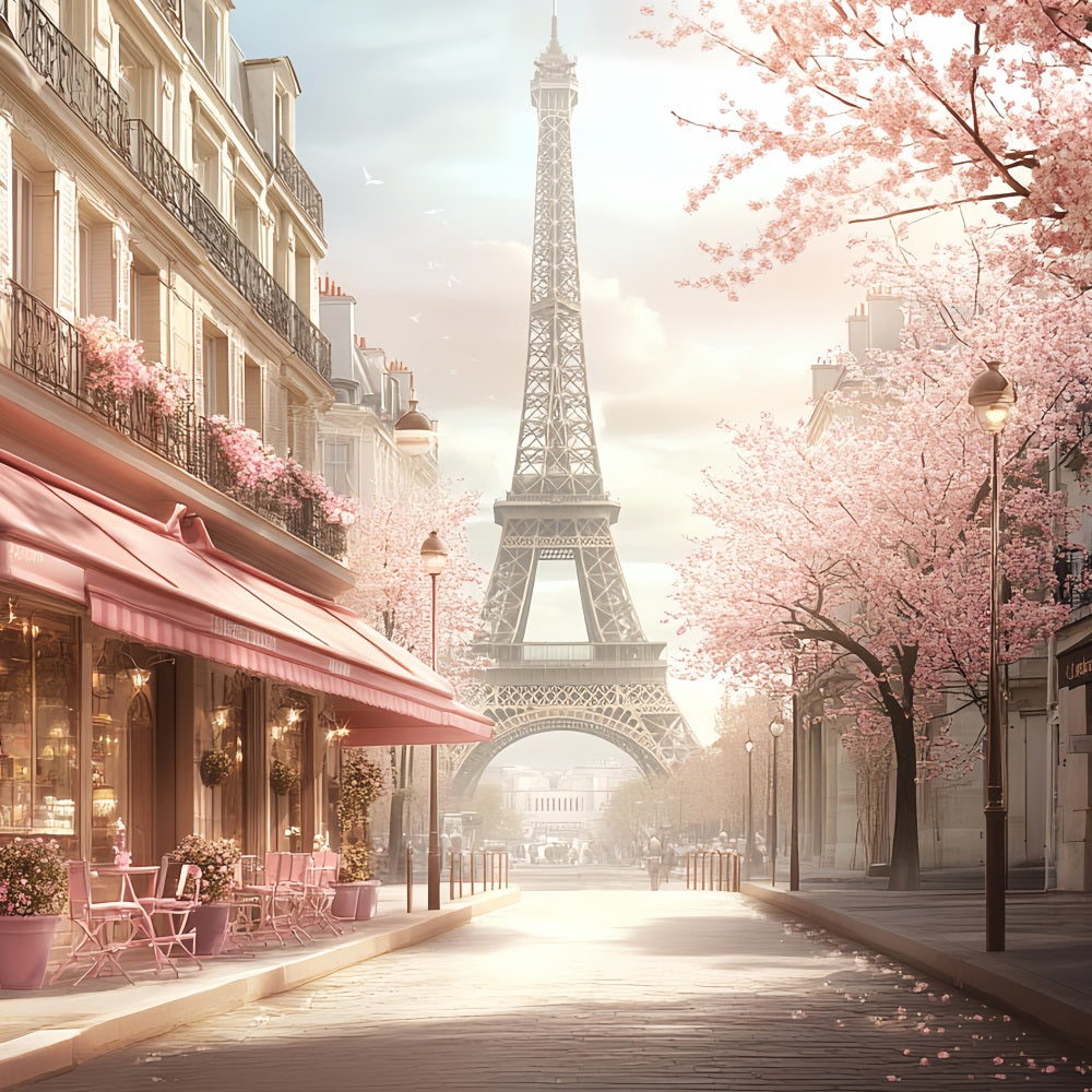 Eiffel Tower Backdrop Romantic Spring Pink Blossom Street Paris Cafe Photo Backdrop CSH58-14