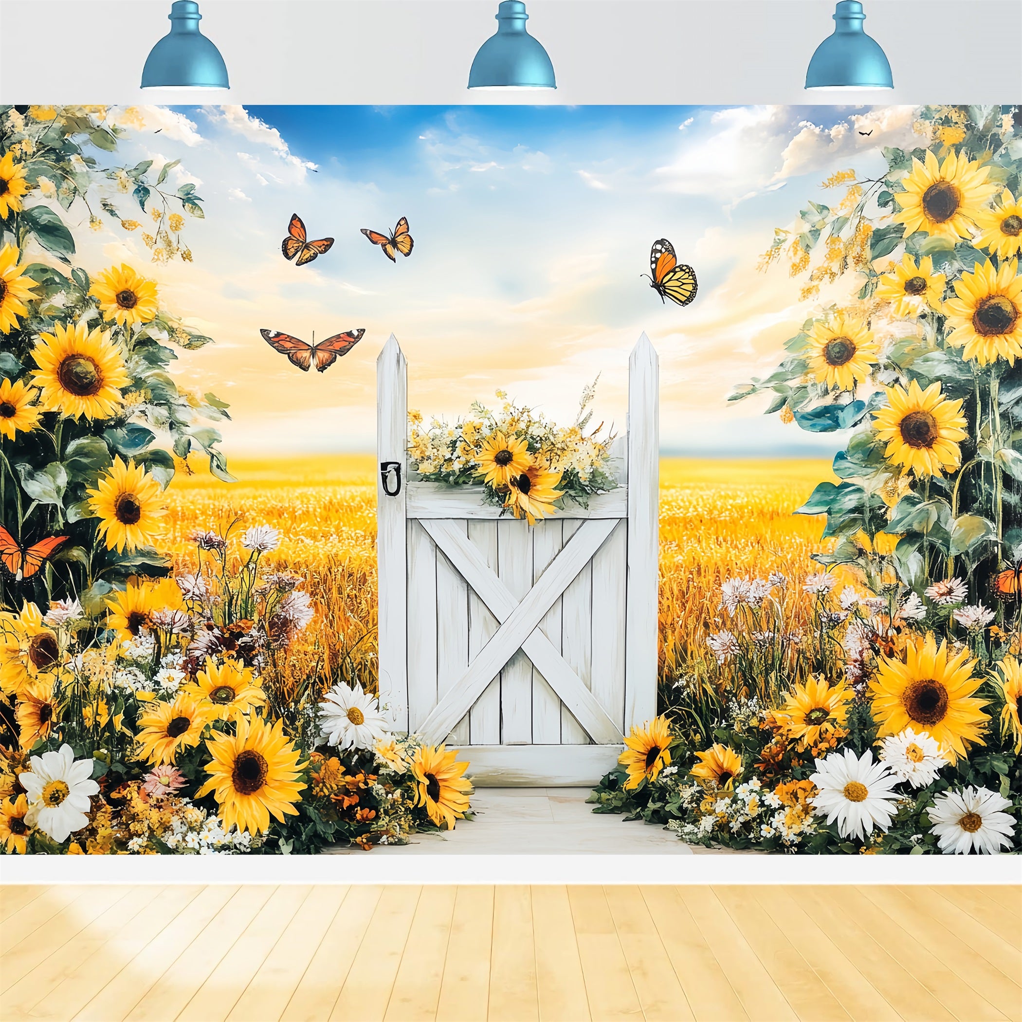 Rustic Backdrop Sunflower Meadow White Gate Thanksgiving Backdrop Ideas CSH58-140